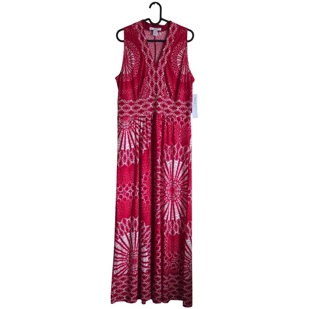 NWT London Times Red Medallion Print Sleeveless Maxi Dress Boho SZ US12